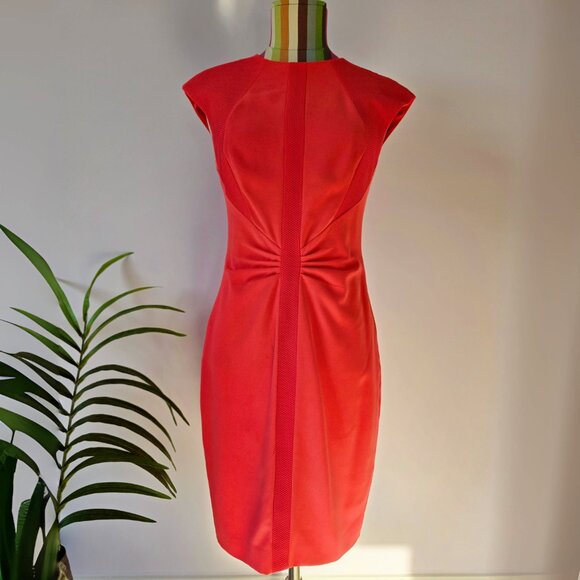 Ted Baker Dress Bright Coral Ruched Calf Length Sheath Ted Size 1 (US 4) - Picture 2 of 15